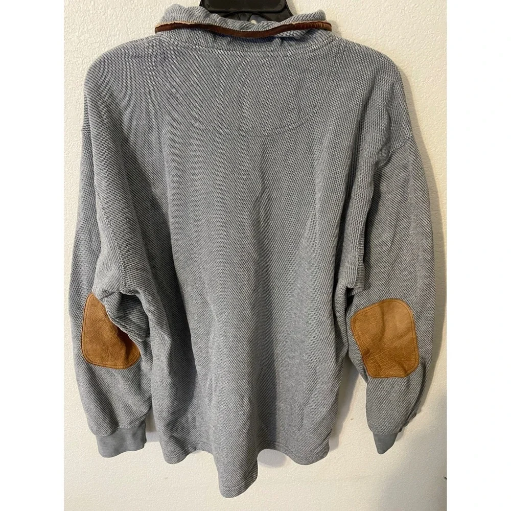 ORVIS Mens 1/4 Zip Sweater Light Blue Textured Cotton Blend Leather‎ Trim